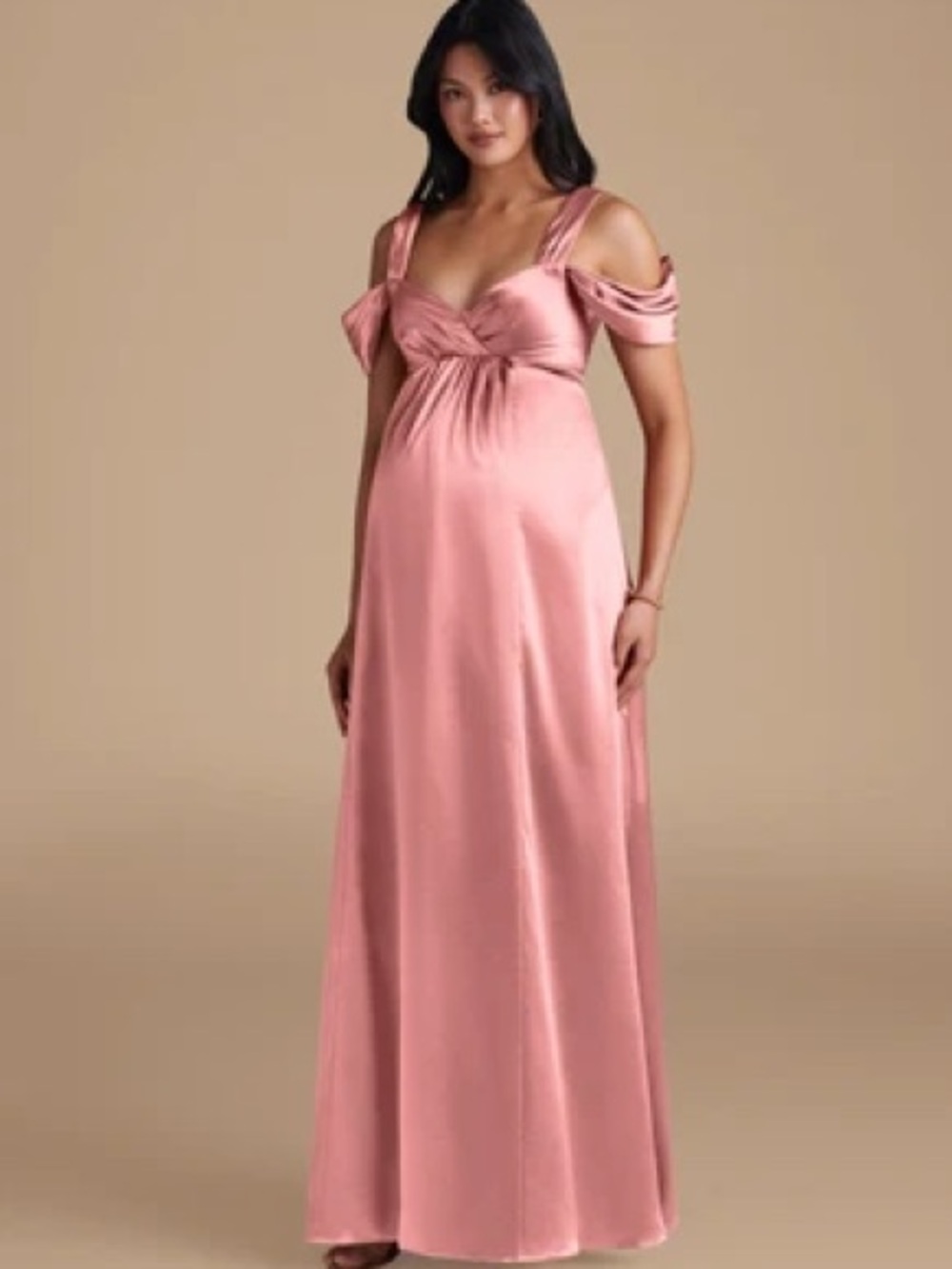 Azazie Rhea Maternity A-Line off-the shoulder pleated stretch satin Maxi Rosette